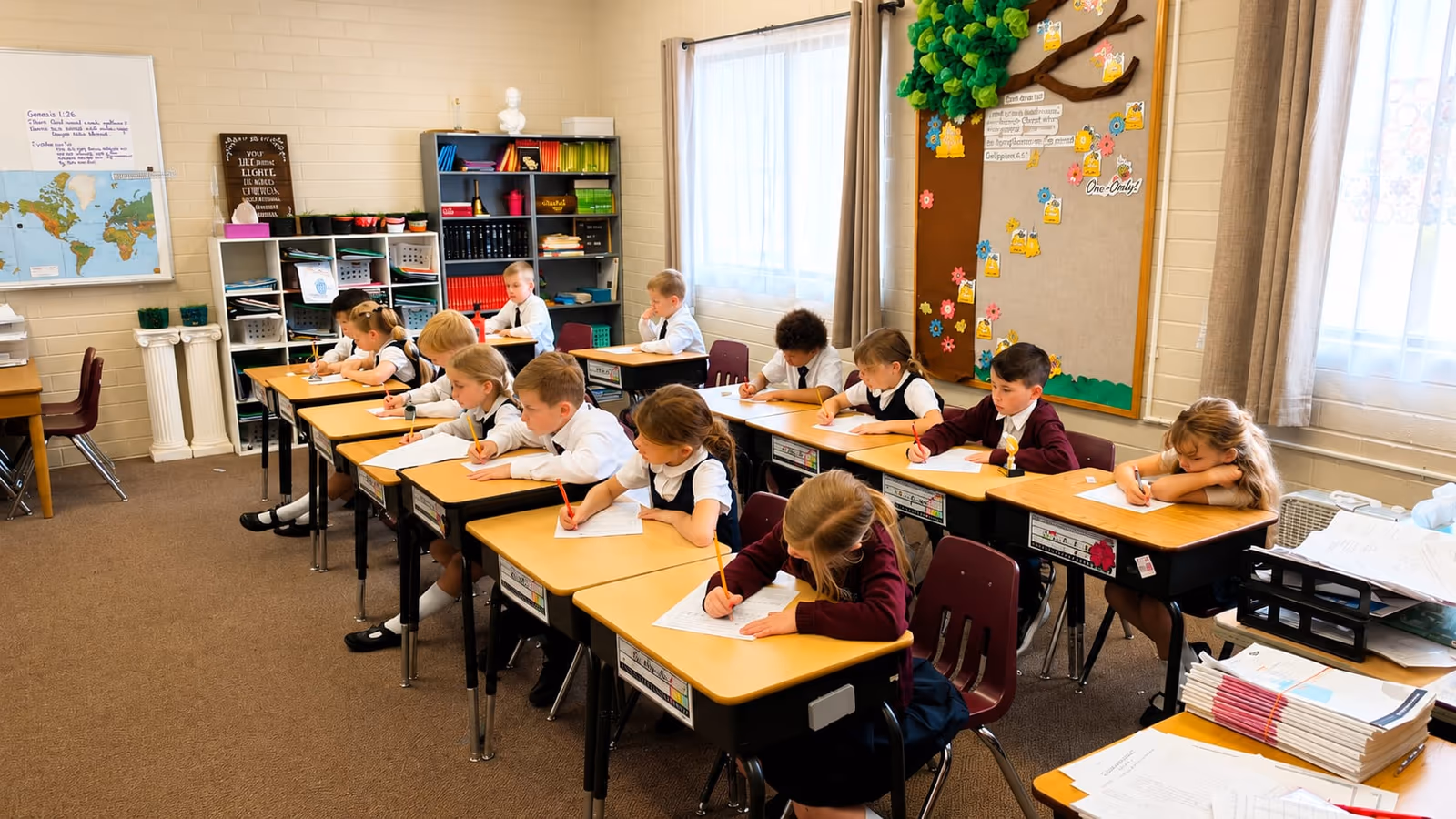 A Geneva Academy grammar-school classroom, students writing at their desks at a classical Christian school in Roseburg, Oregon