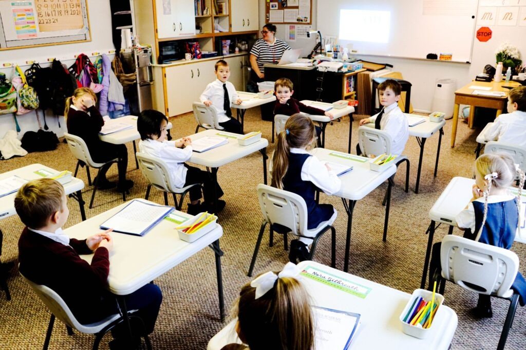 Grammar-school students at their desks at Geneva Academy in Roseburg, Oregon