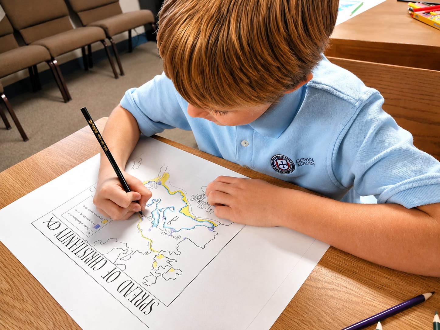 A grammar-school student mapping the spread of Christianity, history taught under Scripture